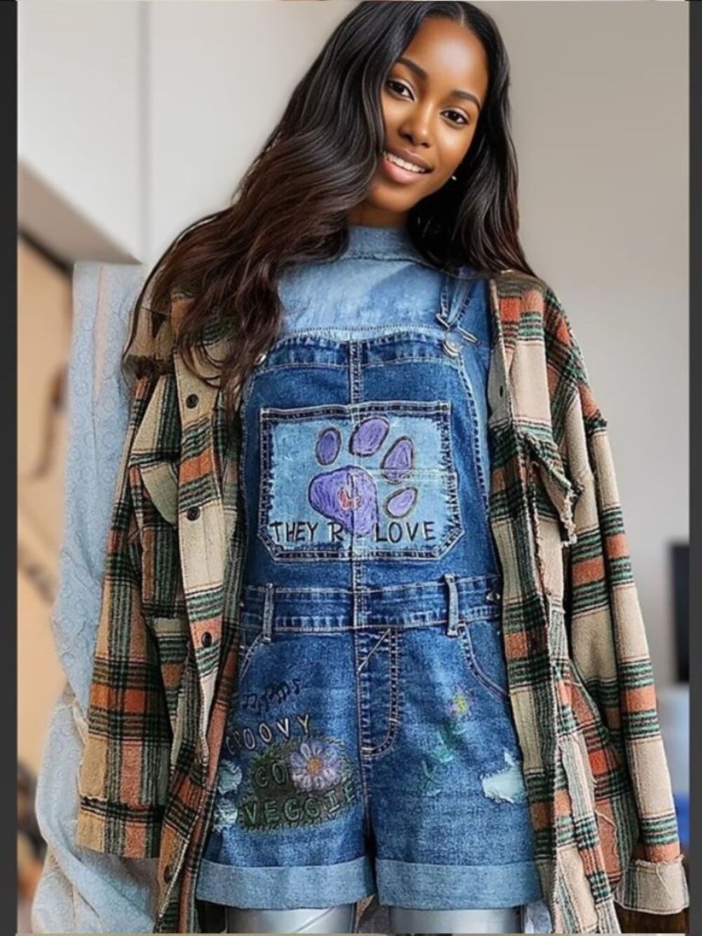 OOAK Hand Painted Vegan Denim Shortalls Upcycled Overalls XS/S - Picture 2 of 8